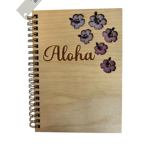 Aloha and Flowers Wooden Covered Notebook/Journal 5x7 Laser 80 Pages New W Tags - Picture 1 of 6